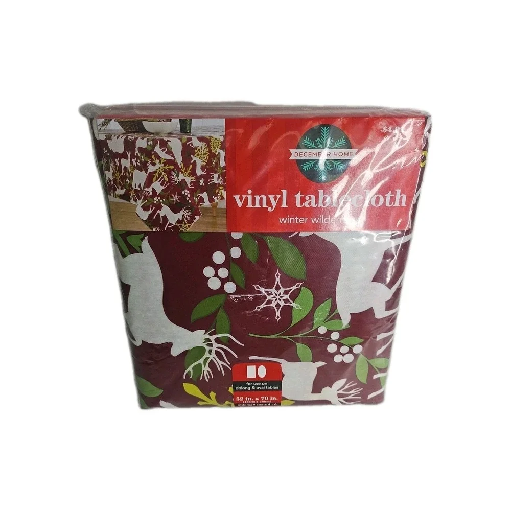 December Home‎ Vinyl Table Cloth Burgandy Reindeer Size Oblong 52 In X 70 In New
